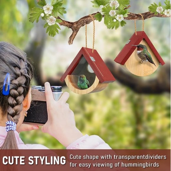 2 pk - Hummingbird Houses w/ Viewing Window - Red Roof Wooden Birdhouses - Picture 4 of 8